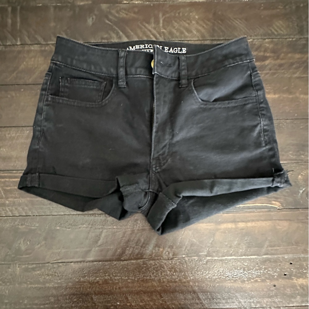 American Eagle High Rise Shortie shorts, black denim, size 6
